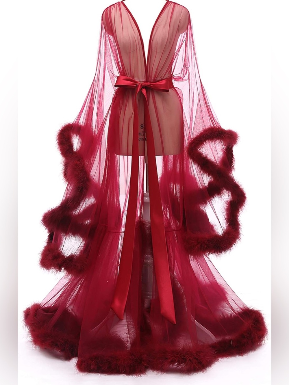Sheer Red Luxe Robe with Feather Trim | Intimates | Halloween | Costume